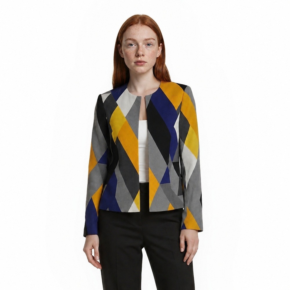 Anne Klein Blazer Women's Size 10 Multicolor Geometric Open Jacket Cotton Y2K